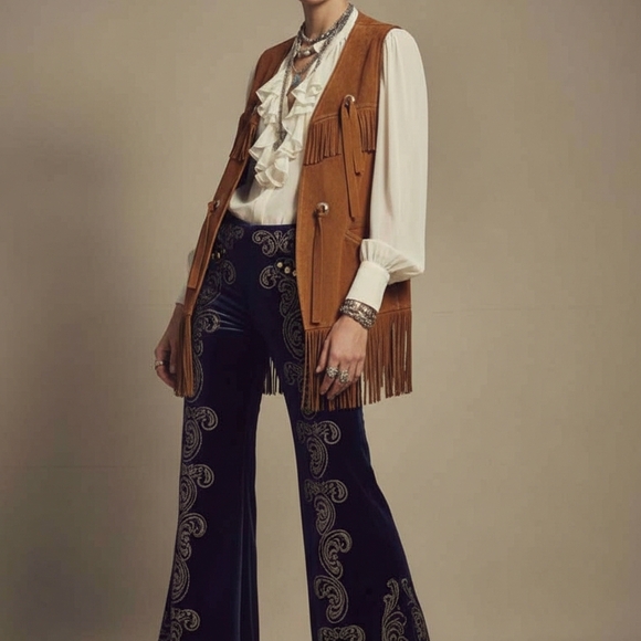 Vintage Leather Vest With Fringe Brown Bohemian Western Romantic 70s - Picture 9 of 9